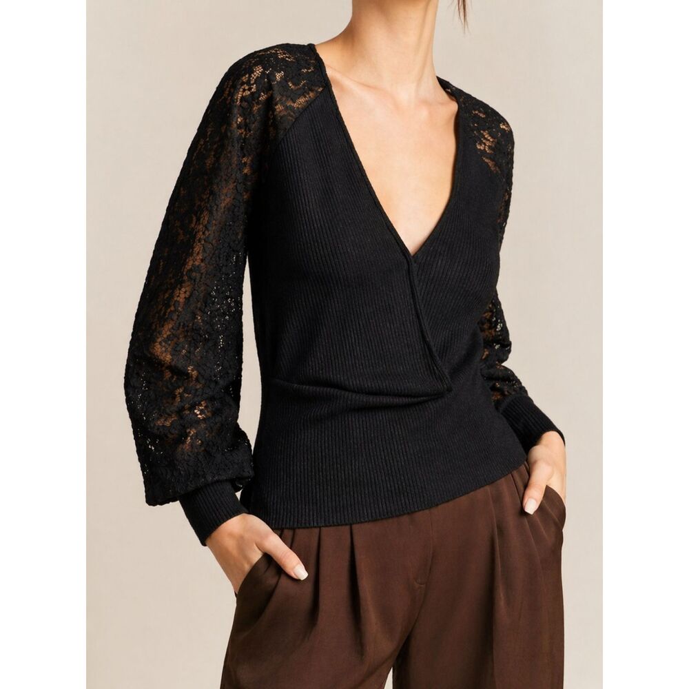 Anthro Lace Sleeve Wrap Top Black Ribbed Balletcore Blouse S NWT